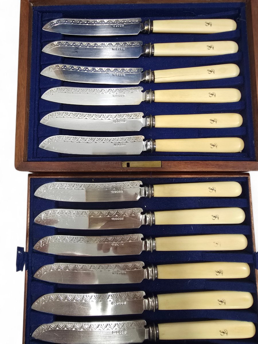 Ensemble complet de douze couteaux à poisson victoriens dans leur coffret anglais d'origine, XI-photo-6