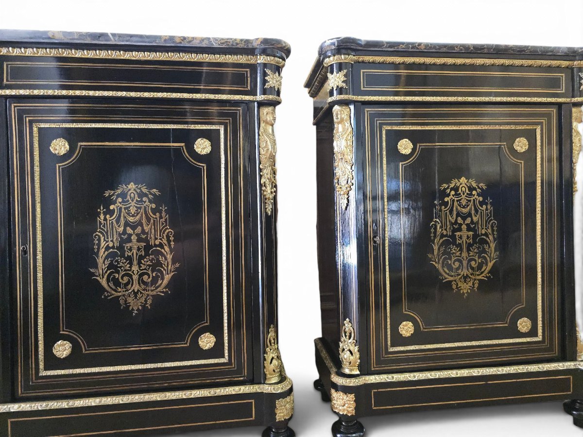 Paire de cabinets français du XIXe siècle, ornés de bronzes dorés et de plateaux en marbre de P-photo-4