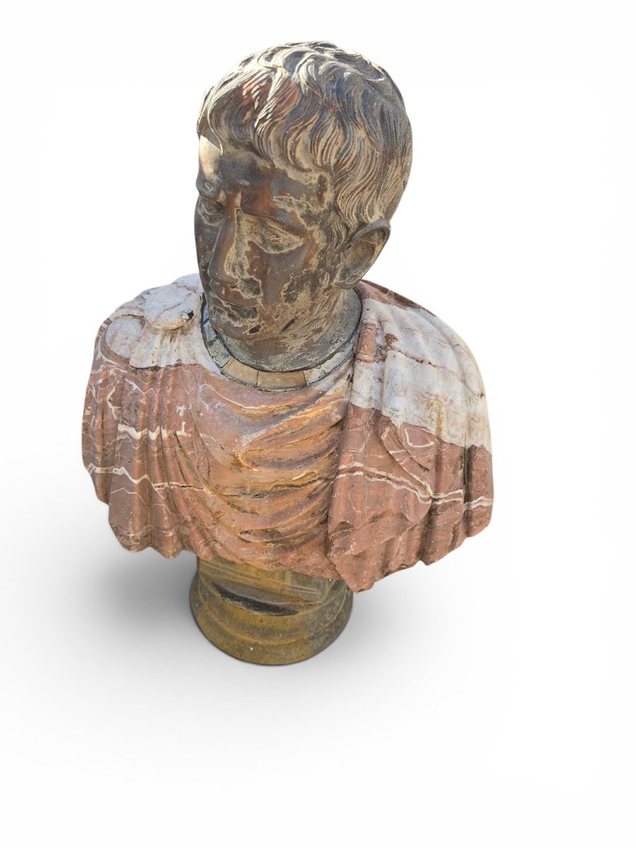 Bust Of A Roman Emperor In Polychrome Marble, First Half Of The 20th Century-photo-2