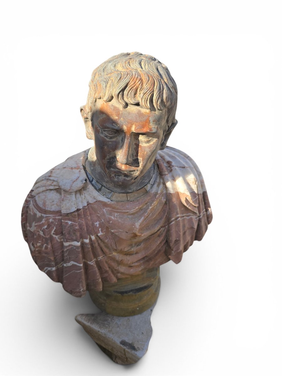 Bust Of A Roman Emperor In Polychrome Marble, First Half Of The 20th Century-photo-1