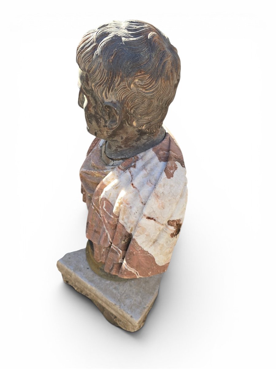 Bust Of A Roman Emperor In Polychrome Marble, First Half Of The 20th Century-photo-3