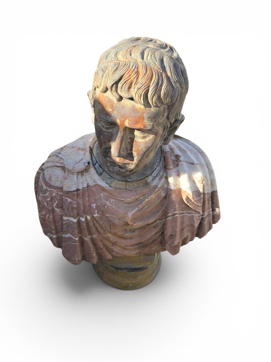 Bust Of A Roman Emperor In Polychrome Marble, First Half Of The 20th Century-photo-6