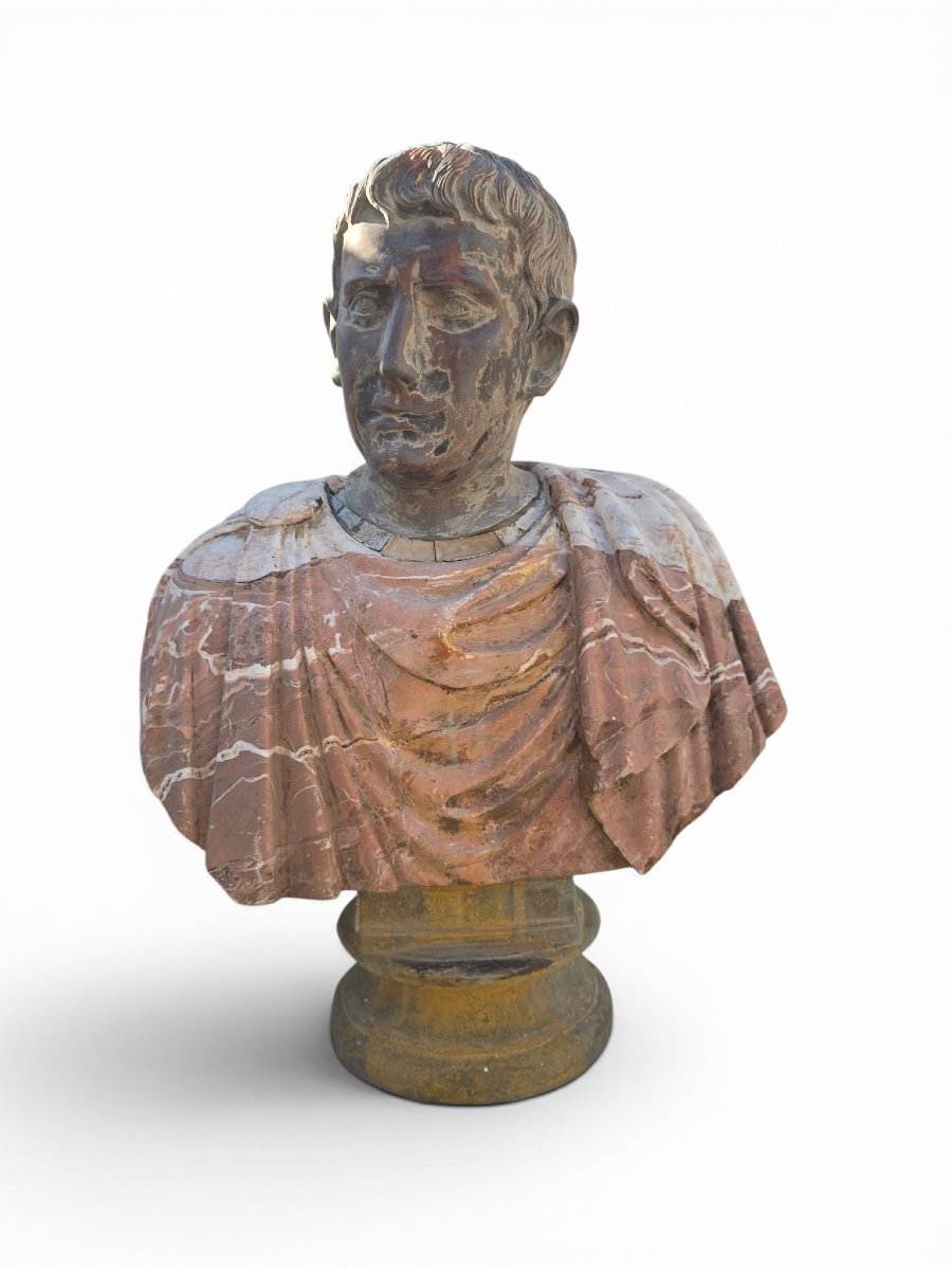 Bust Of A Roman Emperor In Polychrome Marble, First Half Of The 20th Century