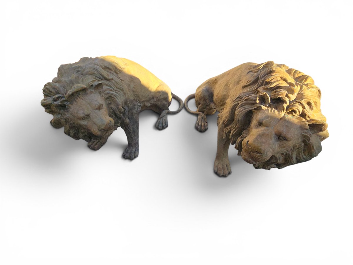 Pair Of Patinated Bronze Lions, Naples, 1980s-photo-2
