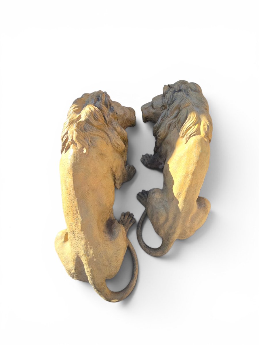 Pair Of Patinated Bronze Lions, Naples, 1980s-photo-2