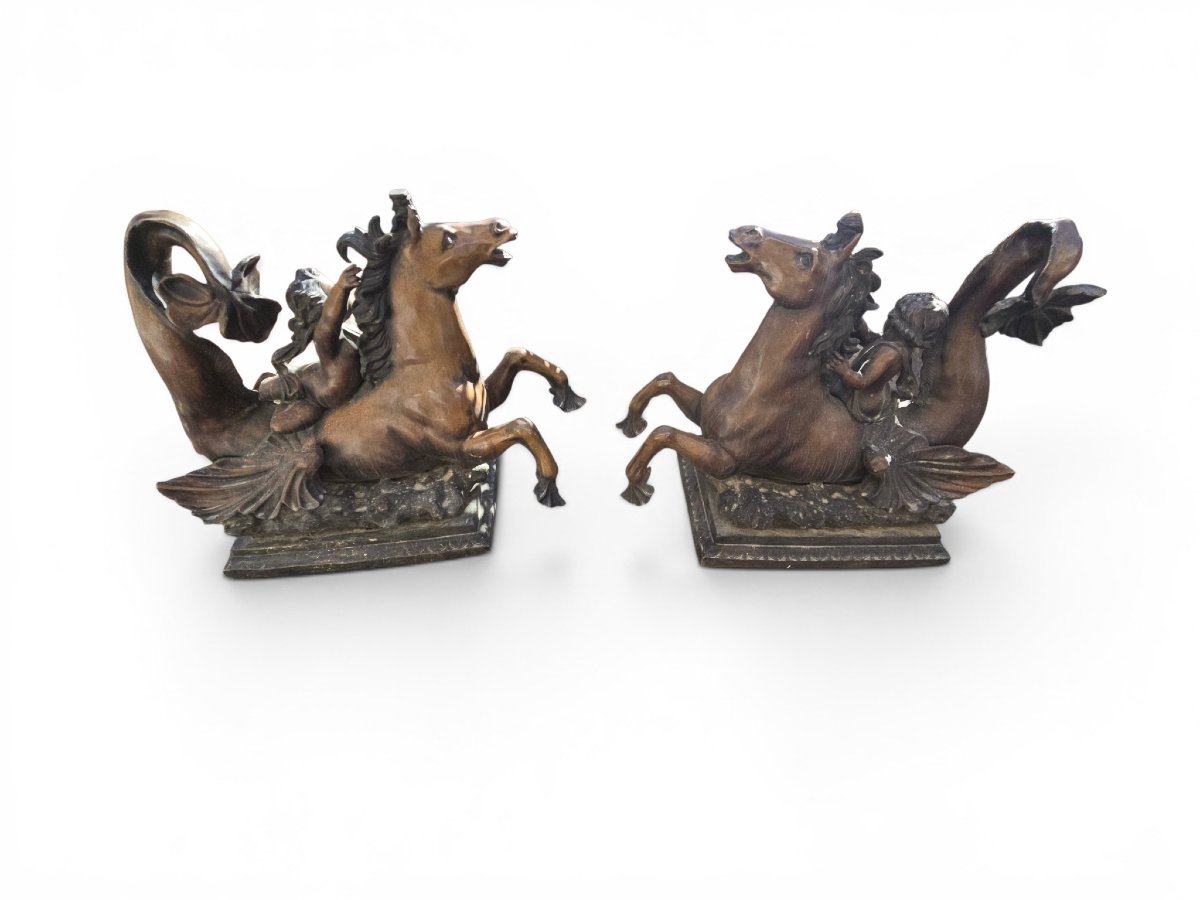 Pair Of Mythological Bronze Sculptures Depicting Putti Riding Seahorses-photo-2