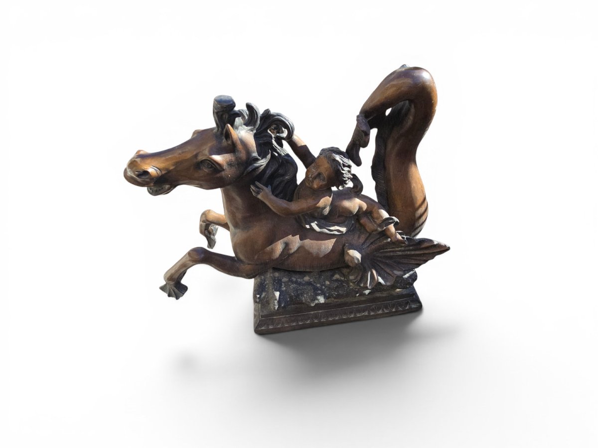 Pair Of Mythological Bronze Sculptures Depicting Putti Riding Seahorses-photo-3