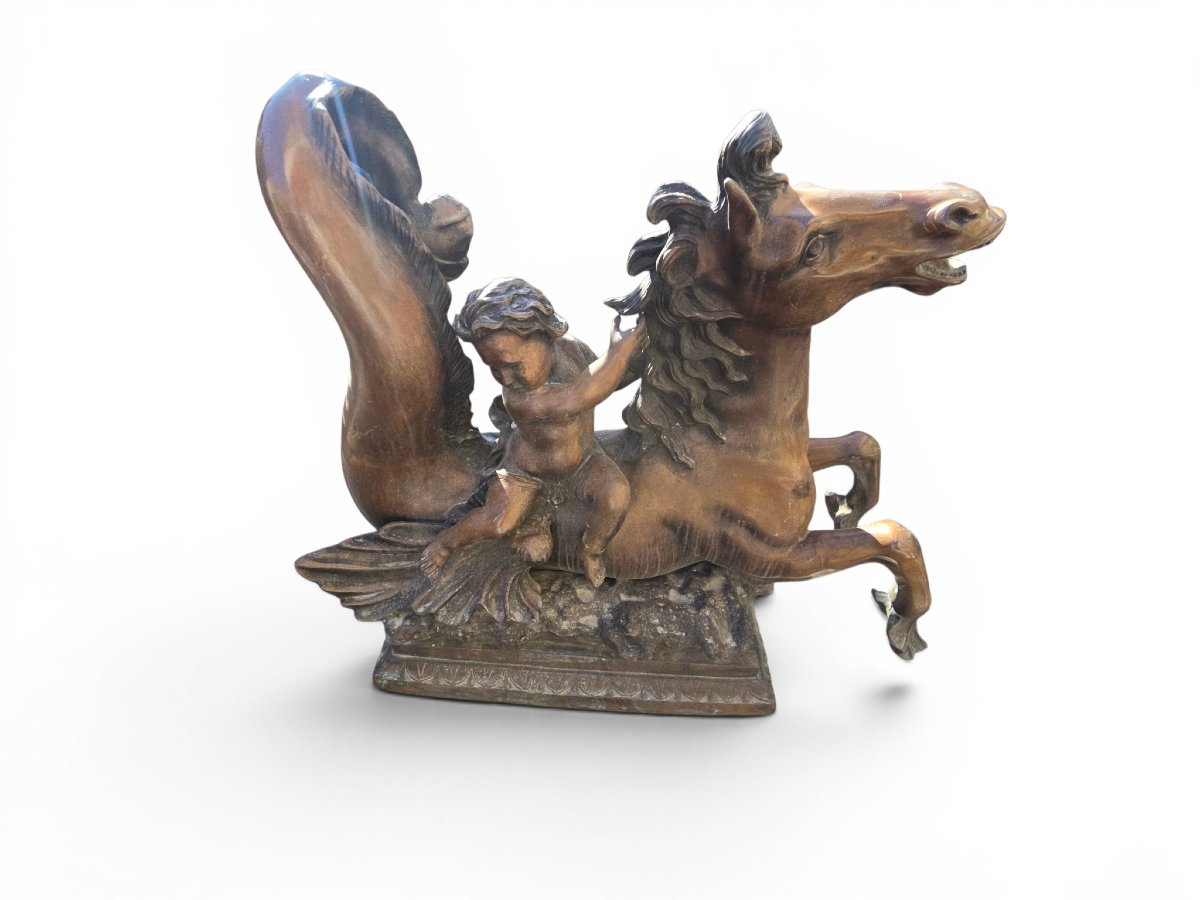 Pair Of Mythological Bronze Sculptures Depicting Putti Riding Seahorses-photo-4