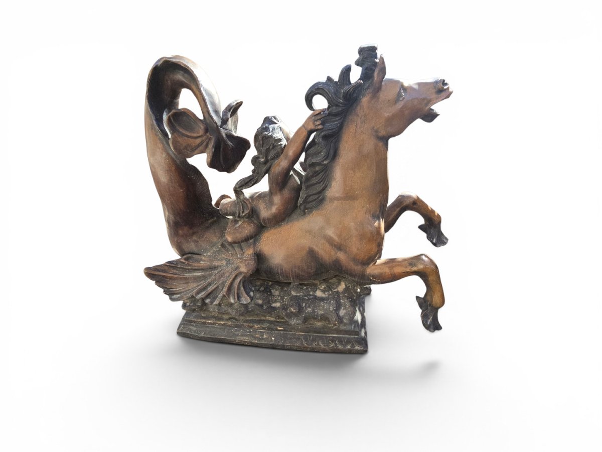 Pair Of Mythological Bronze Sculptures Depicting Putti Riding Seahorses-photo-1