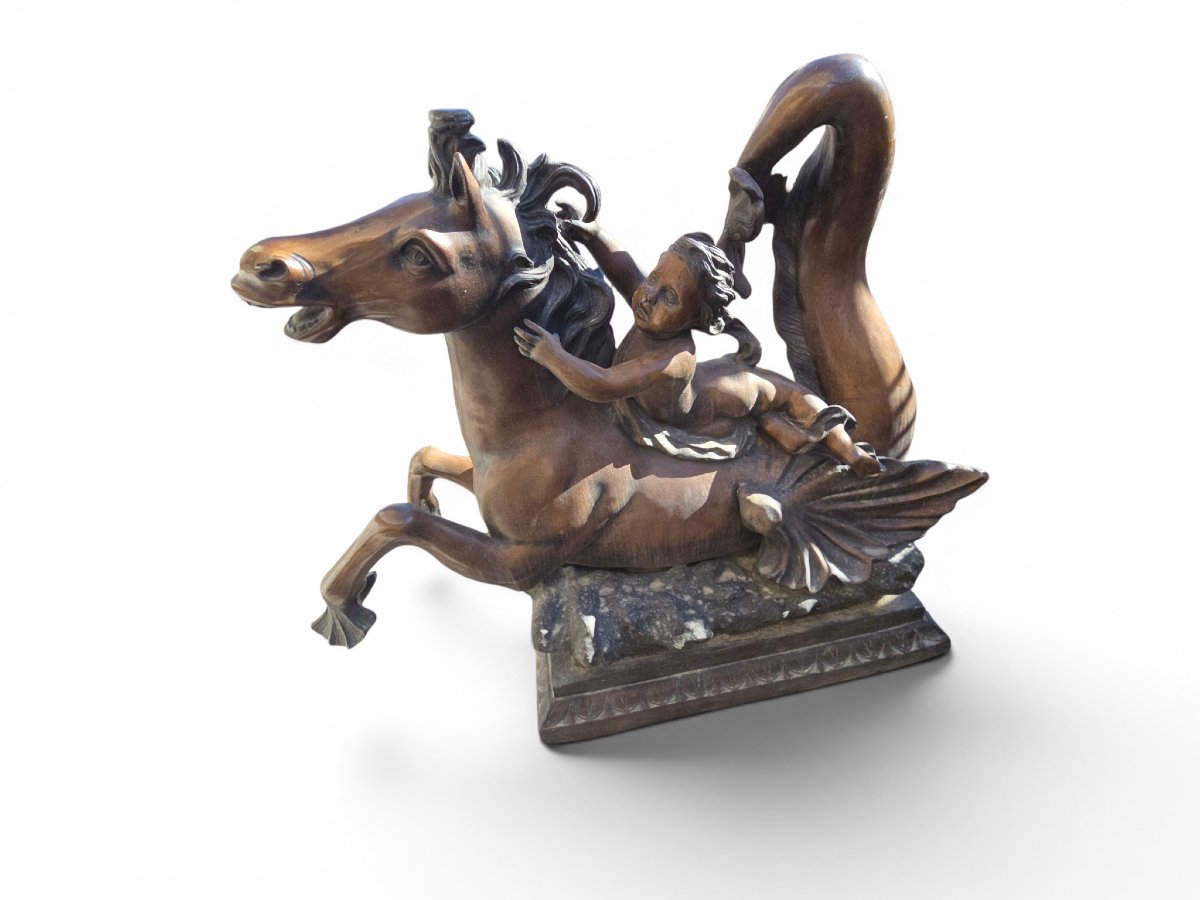 Pair Of Mythological Bronze Sculptures Depicting Putti Riding Seahorses-photo-3