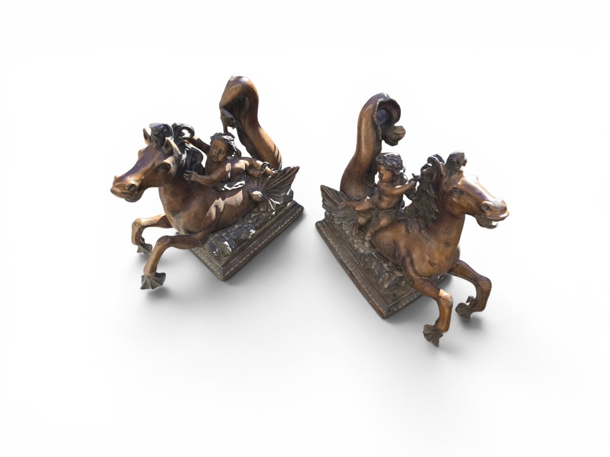 Pair Of Mythological Bronze Sculptures Depicting Putti Riding Seahorses-photo-4