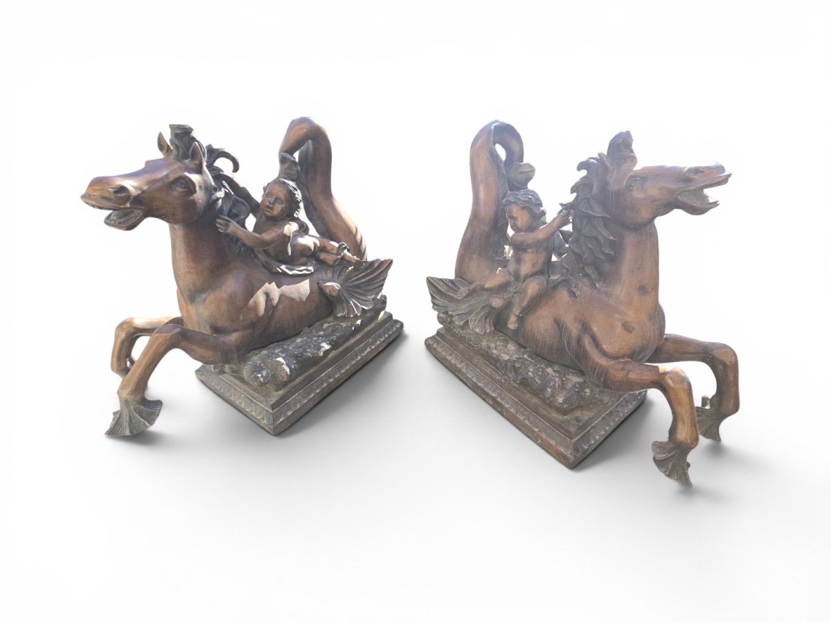 Pair Of Mythological Bronze Sculptures Depicting Putti Riding Seahorses