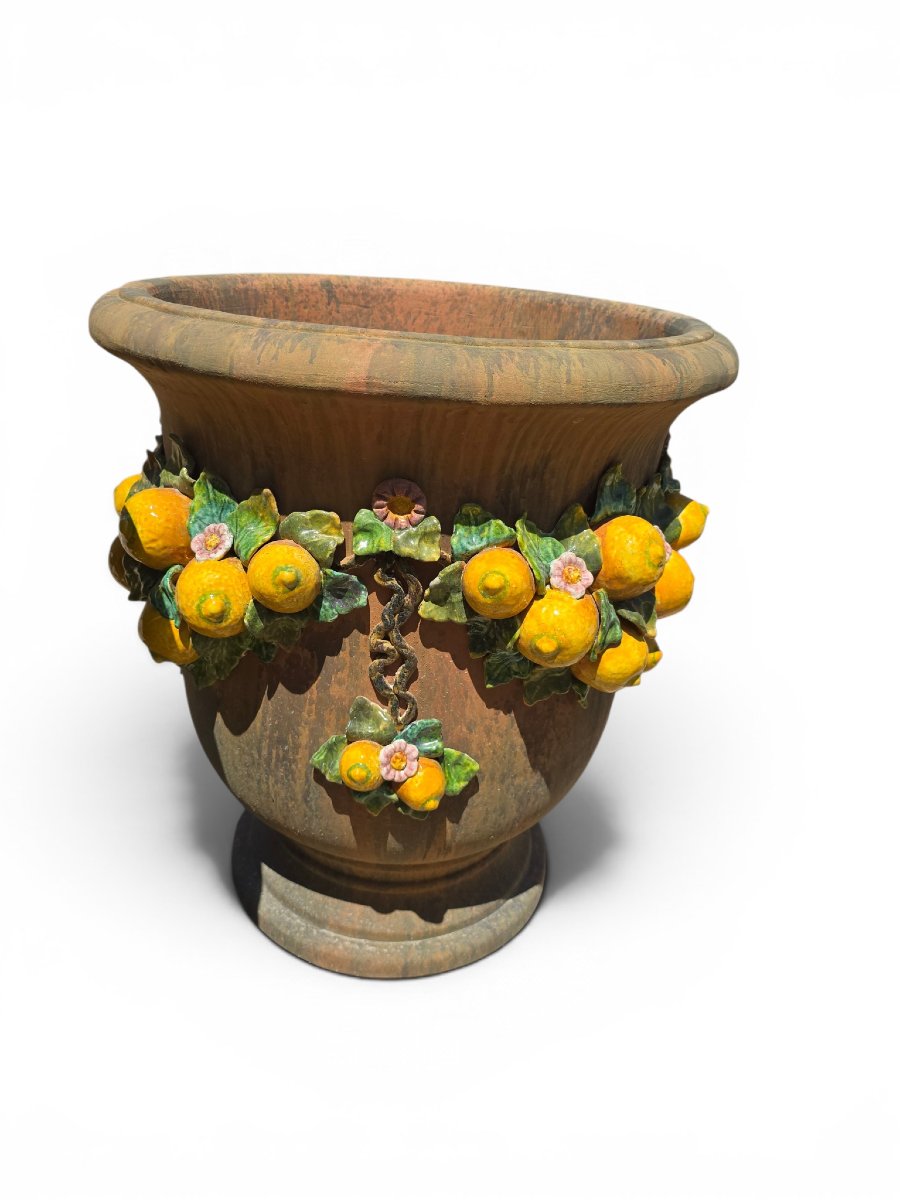 Paire d'urnes de jardin italiennes en terre cuite émaillée, années 1950-photo-5