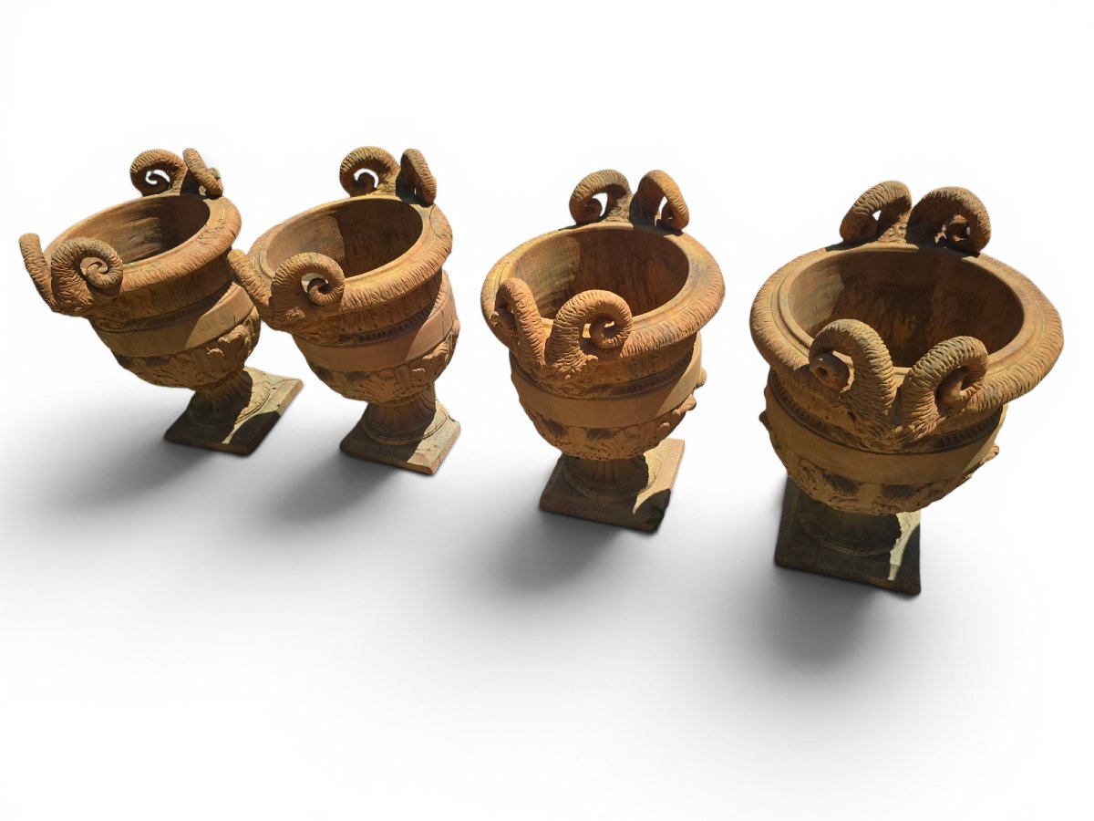 Set Of Four Impruneta Terracotta Urns, Decorated With Faun Heads And Leaves Of-photo-2