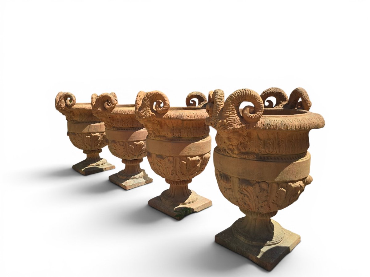 Set Of Four Impruneta Terracotta Urns, Decorated With Faun Heads And Leaves Of-photo-3