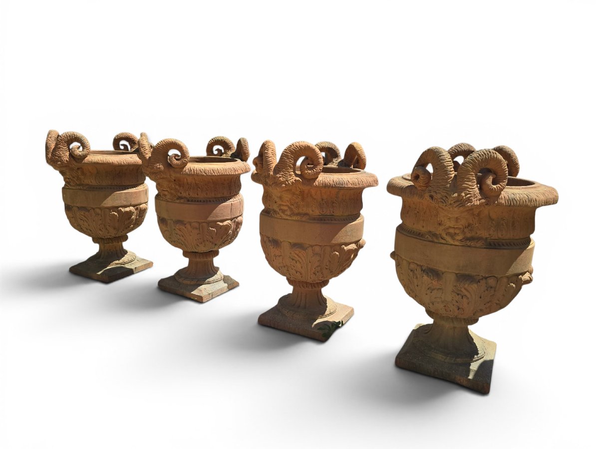 Set Of Four Impruneta Terracotta Urns, Decorated With Faun Heads And Leaves Of-photo-1