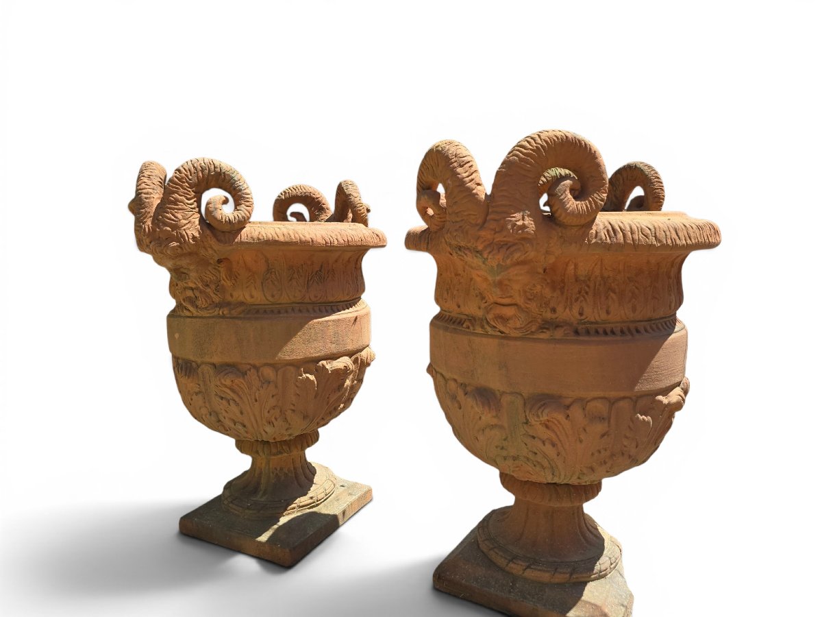 Set Of Four Impruneta Terracotta Urns, Decorated With Faun Heads And Leaves Of-photo-2