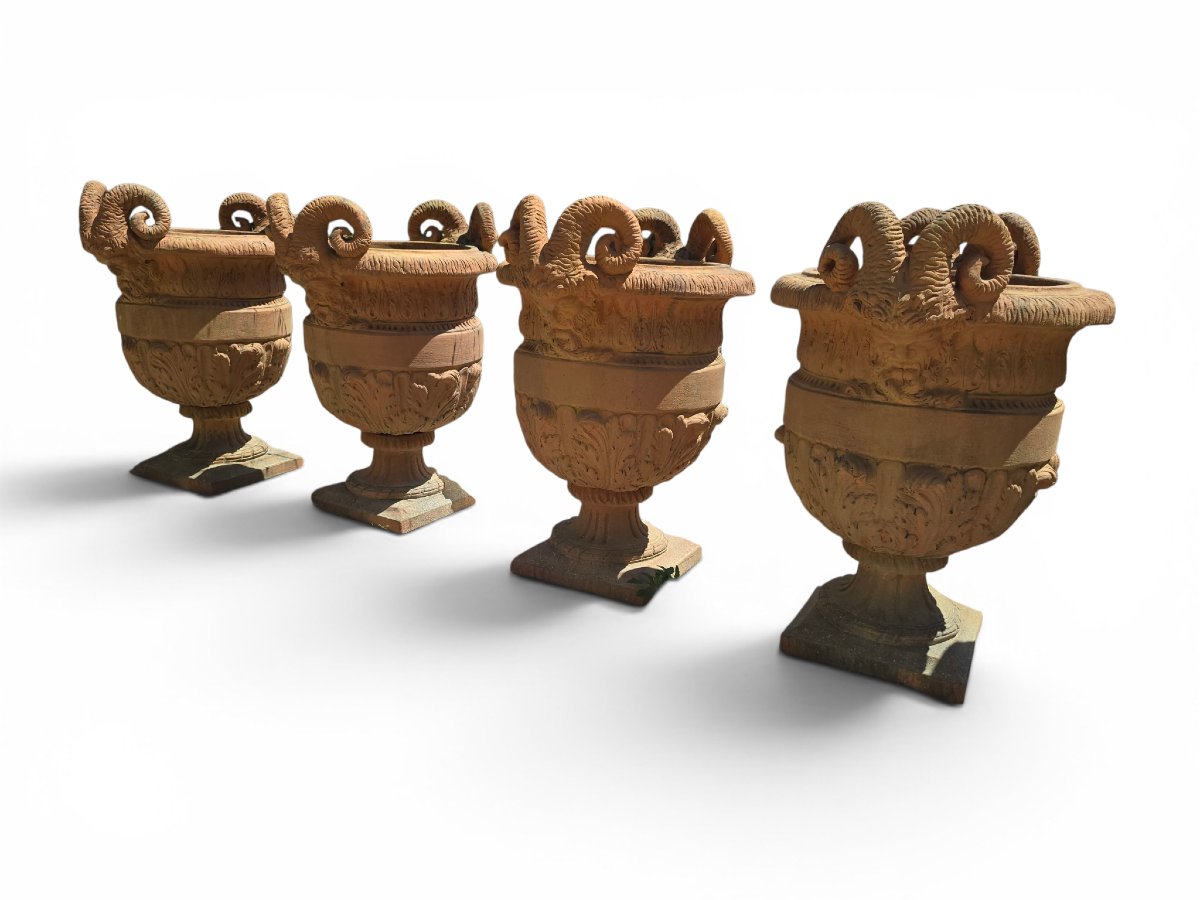 Set Of Four Impruneta Terracotta Urns, Decorated With Faun Heads And Leaves Of