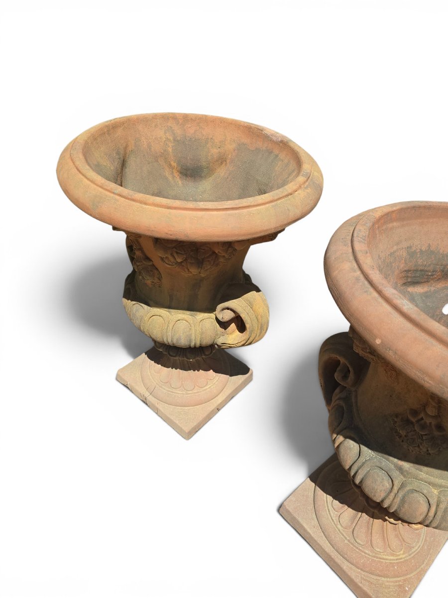 Pair Of Impruneta Terracotta Urns, Decorated With Masks And Floral Garlands, Italy, -photo-2
