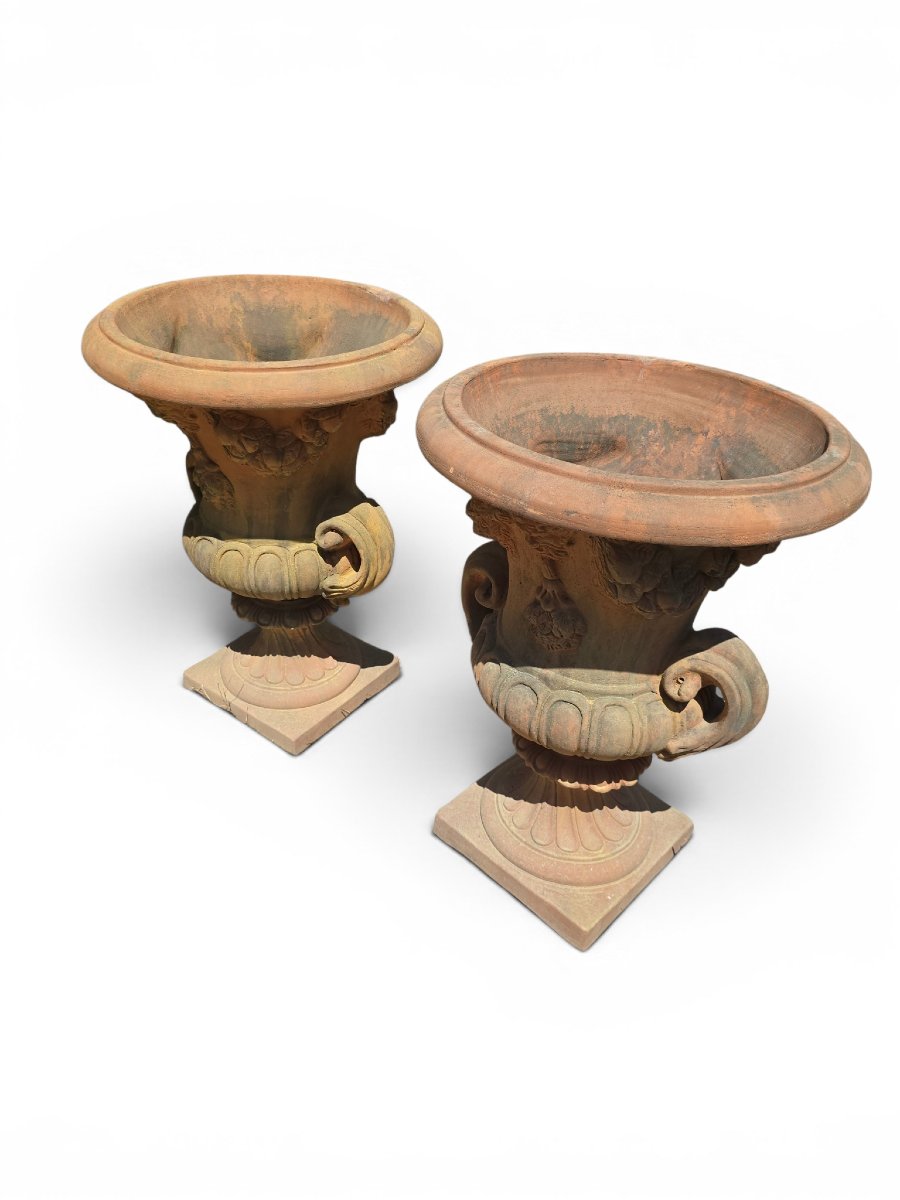 Pair Of Impruneta Terracotta Urns, Decorated With Masks And Floral Garlands, Italy, -photo-3