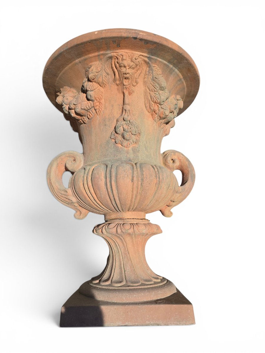 Pair Of Impruneta Terracotta Urns, Decorated With Masks And Floral Garlands, Italy, -photo-4