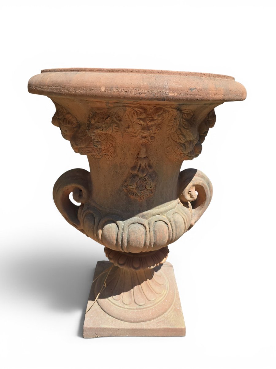 Pair Of Impruneta Terracotta Urns, Decorated With Masks And Floral Garlands, Italy, -photo-1