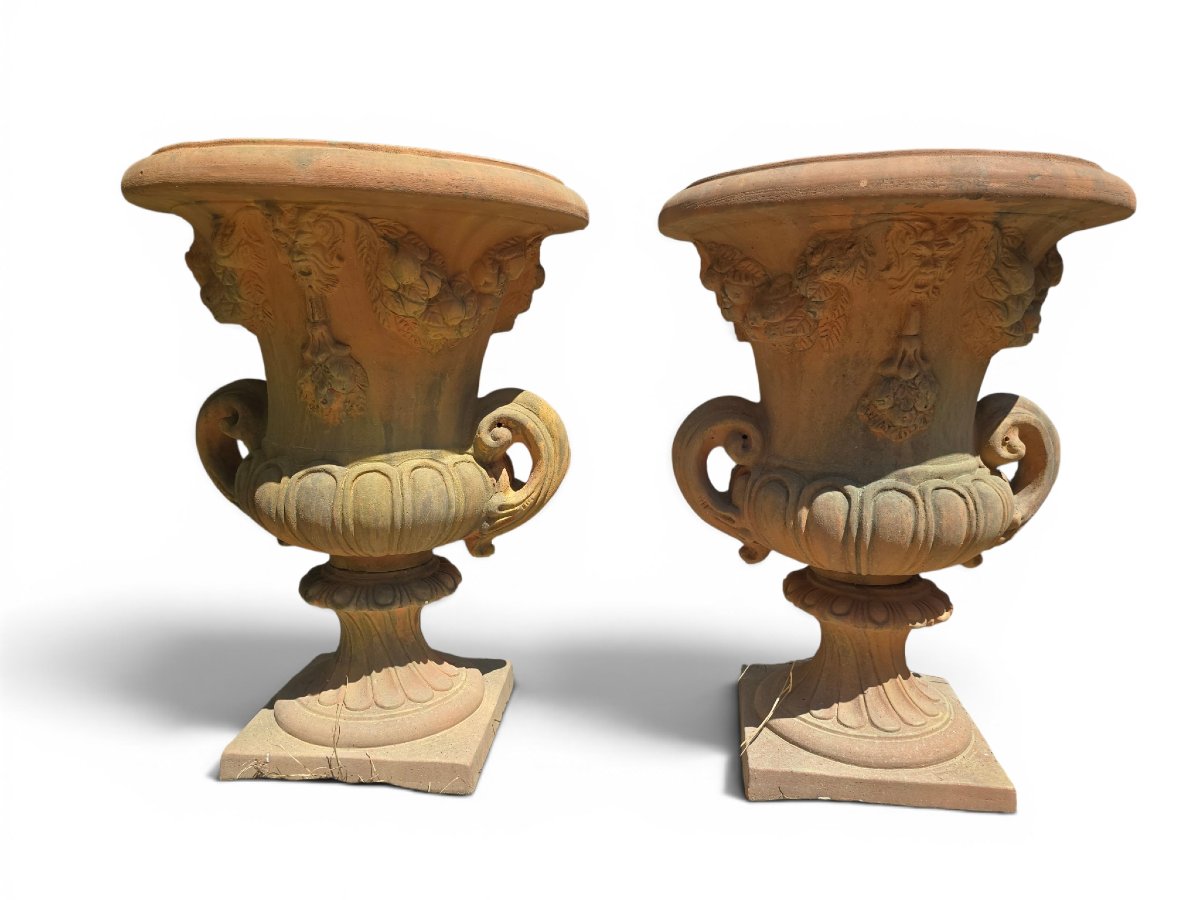 Pair Of Impruneta Terracotta Urns, Decorated With Masks And Floral Garlands, Italy, 