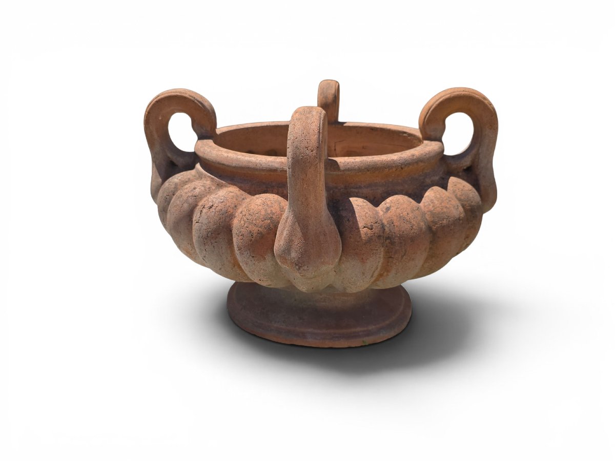 Lobed Terracotta Bowl With Four Handles, Italy, Mid-20th Century-photo-2