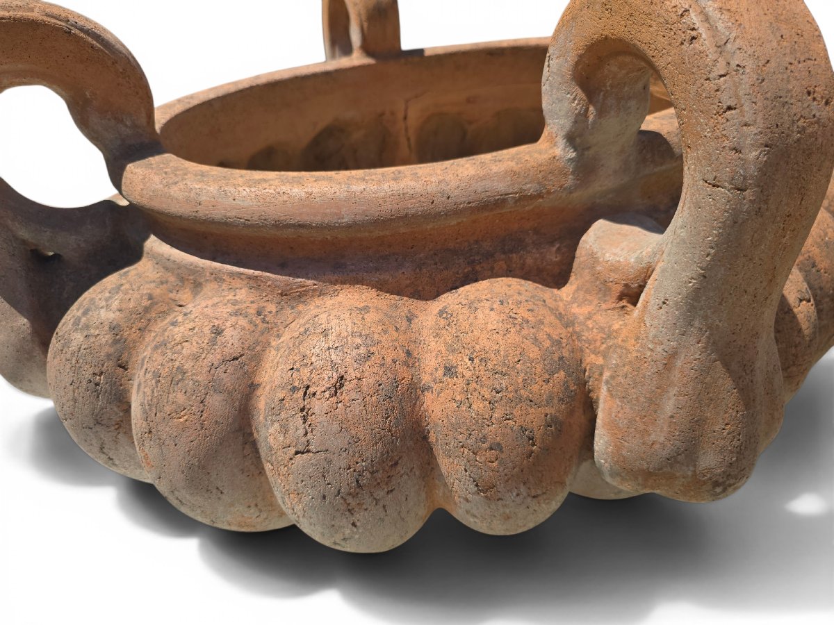 Lobed Terracotta Bowl With Four Handles, Italy, Mid-20th Century-photo-3