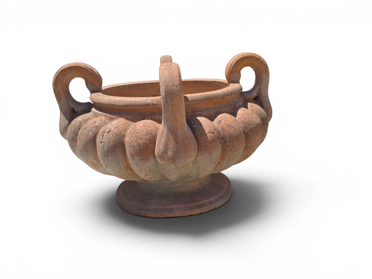 Lobed Terracotta Bowl With Four Handles, Italy, Mid-20th Century-photo-4