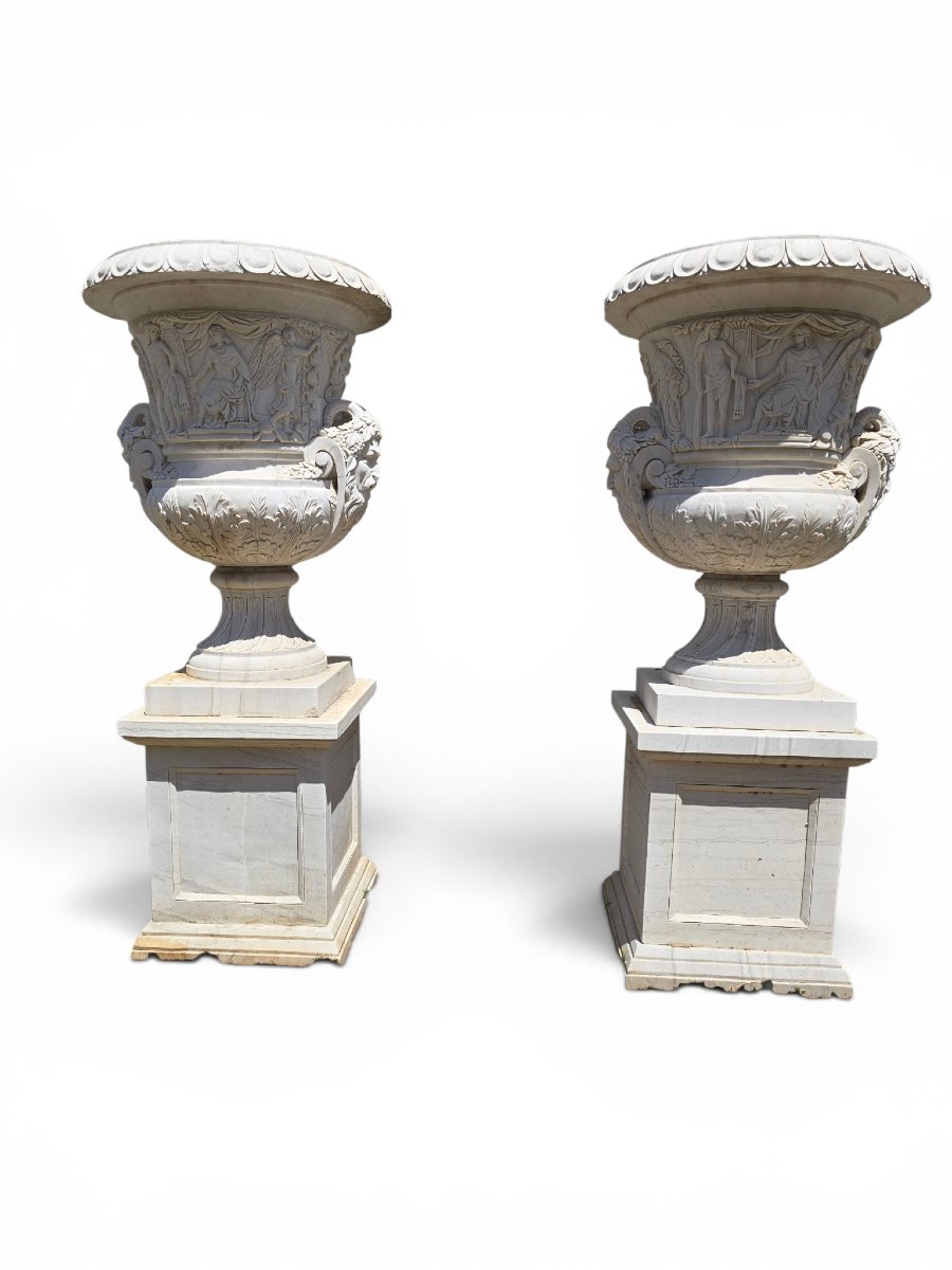 Pair Of Hand-carved Italian Marble Urns, 1950s