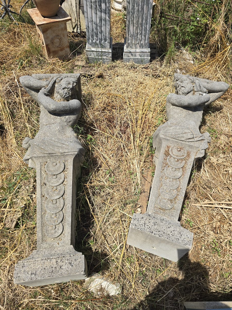 Paire de sculptures en pierre taillée à la main, début du XXe siècle-photo-2