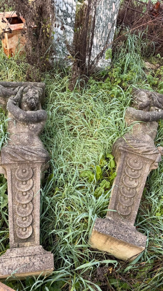 Paire de sculptures en pierre taillée à la main, début du XXe siècle-photo-1