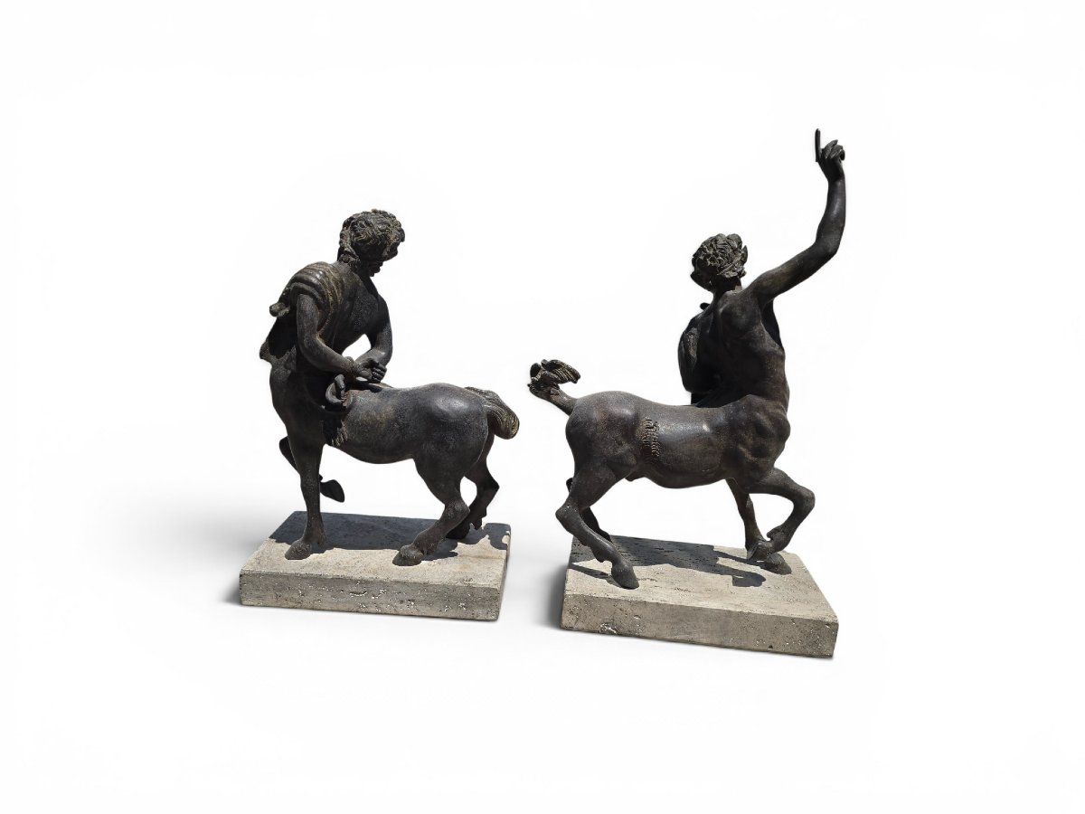 Pair Of Patinated Bronze Centaur Sculptures On Marble Bases, First Half Of The 20th Century -photo-3