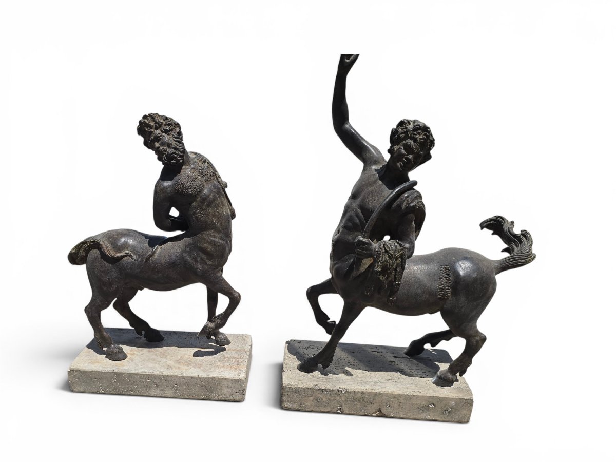 Pair Of Patinated Bronze Centaur Sculptures On Marble Bases, First Half Of The 20th Century -photo-4