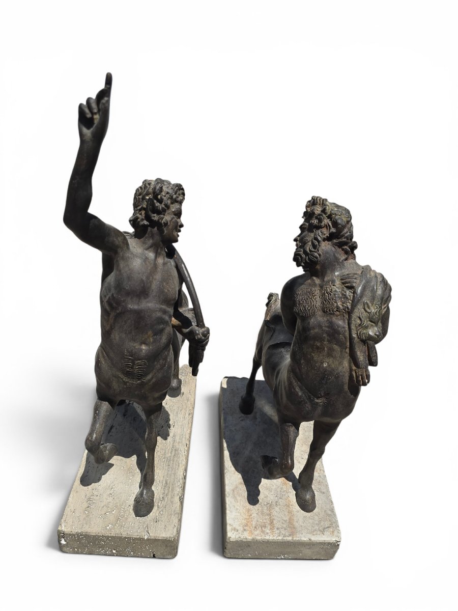 Pair Of Patinated Bronze Centaur Sculptures On Marble Bases, First Half Of The 20th Century -photo-1