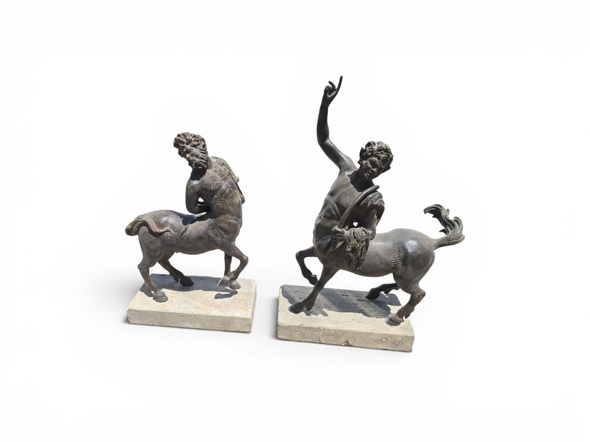Pair Of Patinated Bronze Centaur Sculptures On Marble Bases, First Half Of The 20th Century -photo-2