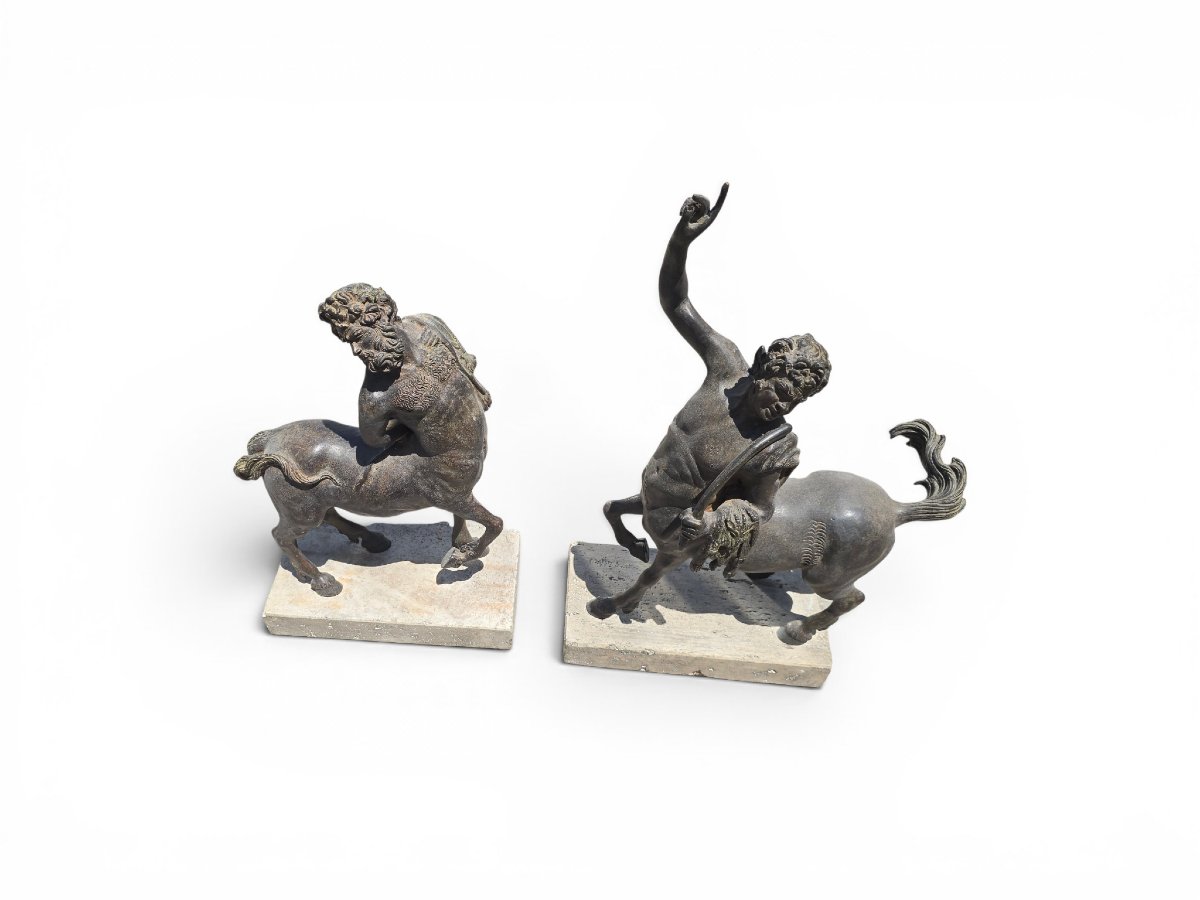 Pair Of Patinated Bronze Centaur Sculptures On Marble Bases, First Half Of The 20th Century -photo-3
