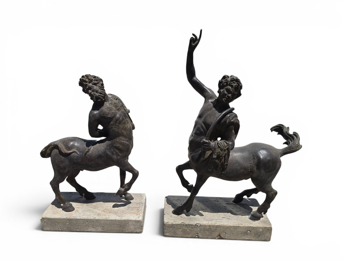 Pair Of Patinated Bronze Centaur Sculptures On Marble Bases, First Half Of The 20th Century -photo-4