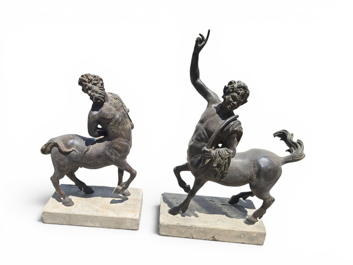 Pair Of Patinated Bronze Centaur Sculptures On Marble Bases, First Half Of The 20th Century 