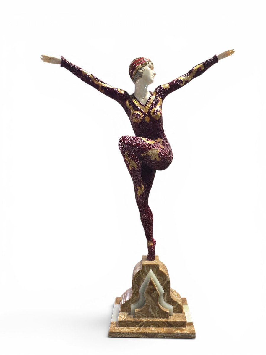 Sculpture Art Déco en bronze d'une gymnaste, par D.H. Chiparus, sur socle en onyx-photo-4
