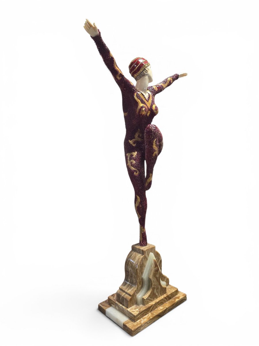 Sculpture Art Déco en bronze d'une gymnaste, par D.H. Chiparus, sur socle en onyx-photo-4
