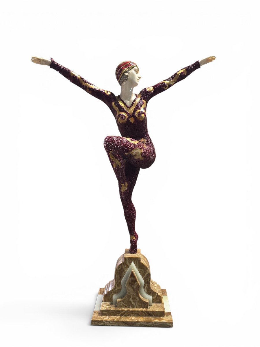 Sculpture Art Déco en bronze d'une gymnaste, par D.H. Chiparus, sur socle en onyx