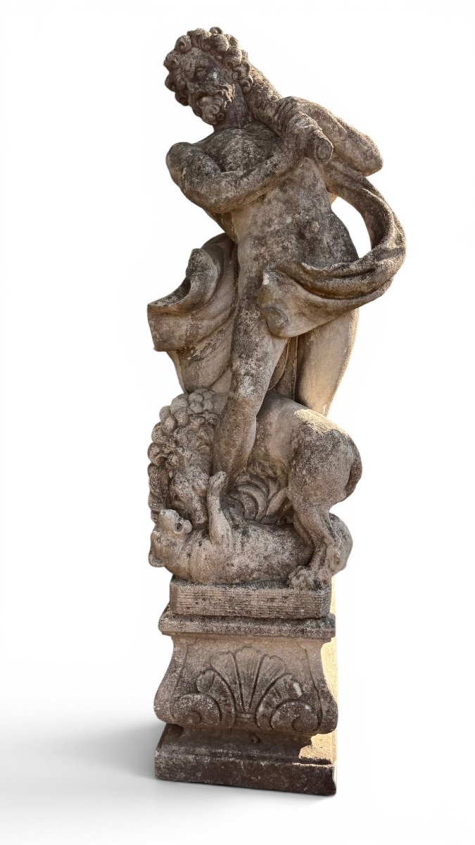 Sculpture d'Hercule avec des animaux en pierre de Vicence, XIXe siècle-photo-2