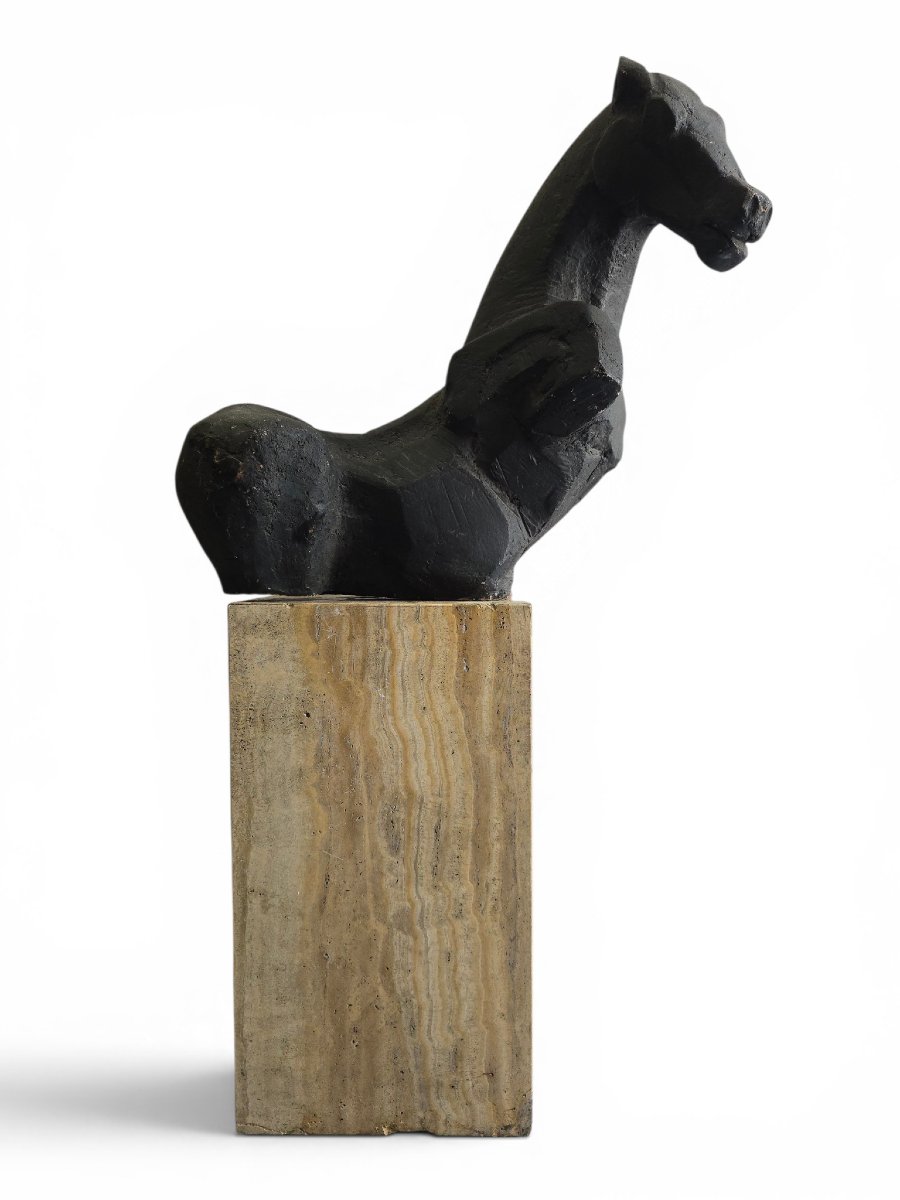 Greek Horse Sculpture By Alfredo Lanz, Terracotta On A Marble Base, Italy, 1970s