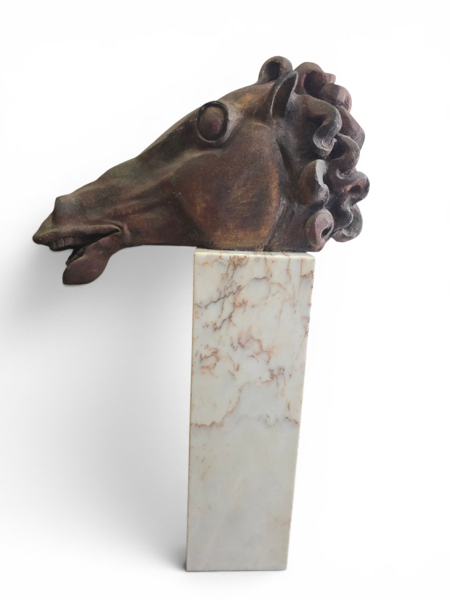 Classical Greek Head By Alfredo Lanz, Terracotta On A Marble Base, Italy, 1970s-photo-2