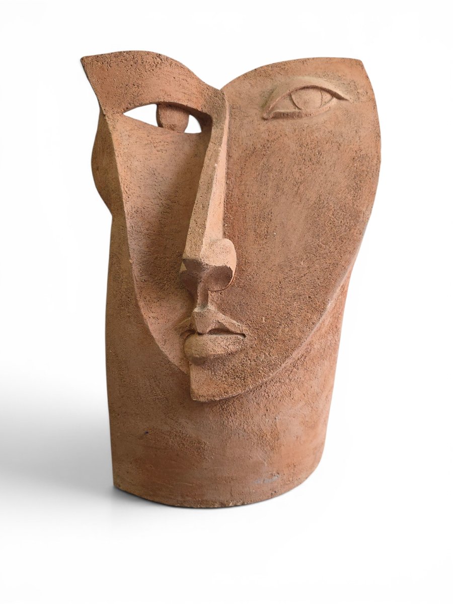 Sculpture de tête cubiste unique en terre cuite, années 1970-photo-2