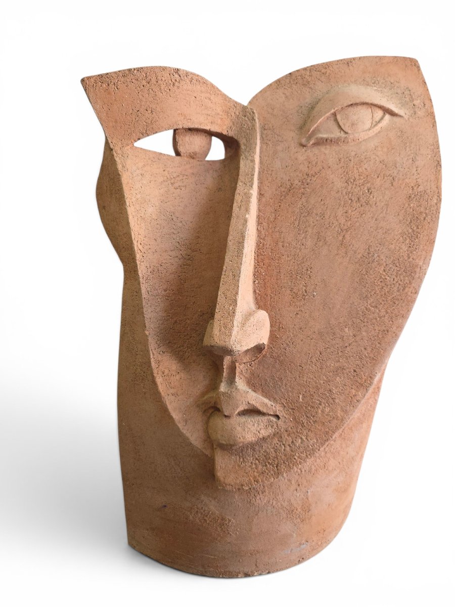 Sculpture de tête cubiste unique en terre cuite, années 1970-photo-4