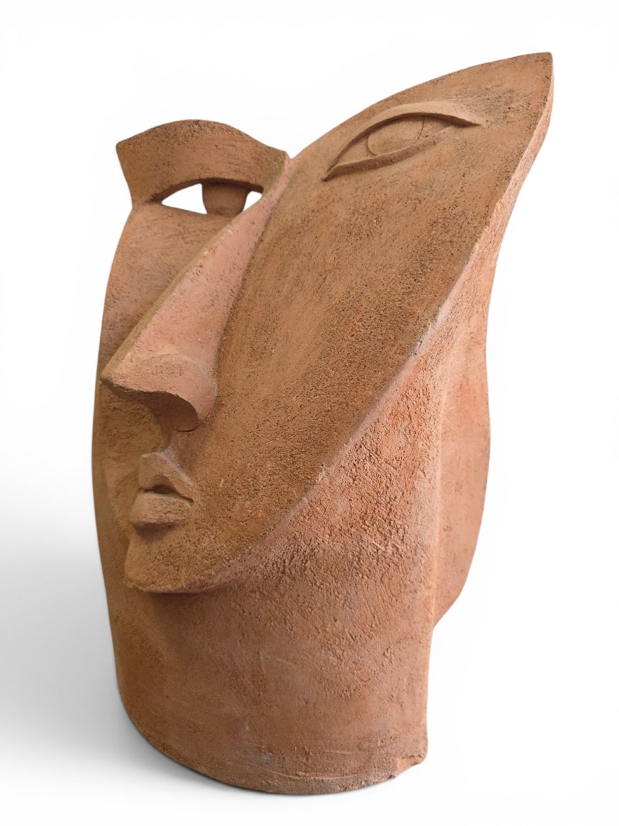 Sculpture de tête cubiste unique en terre cuite, années 1970-photo-2