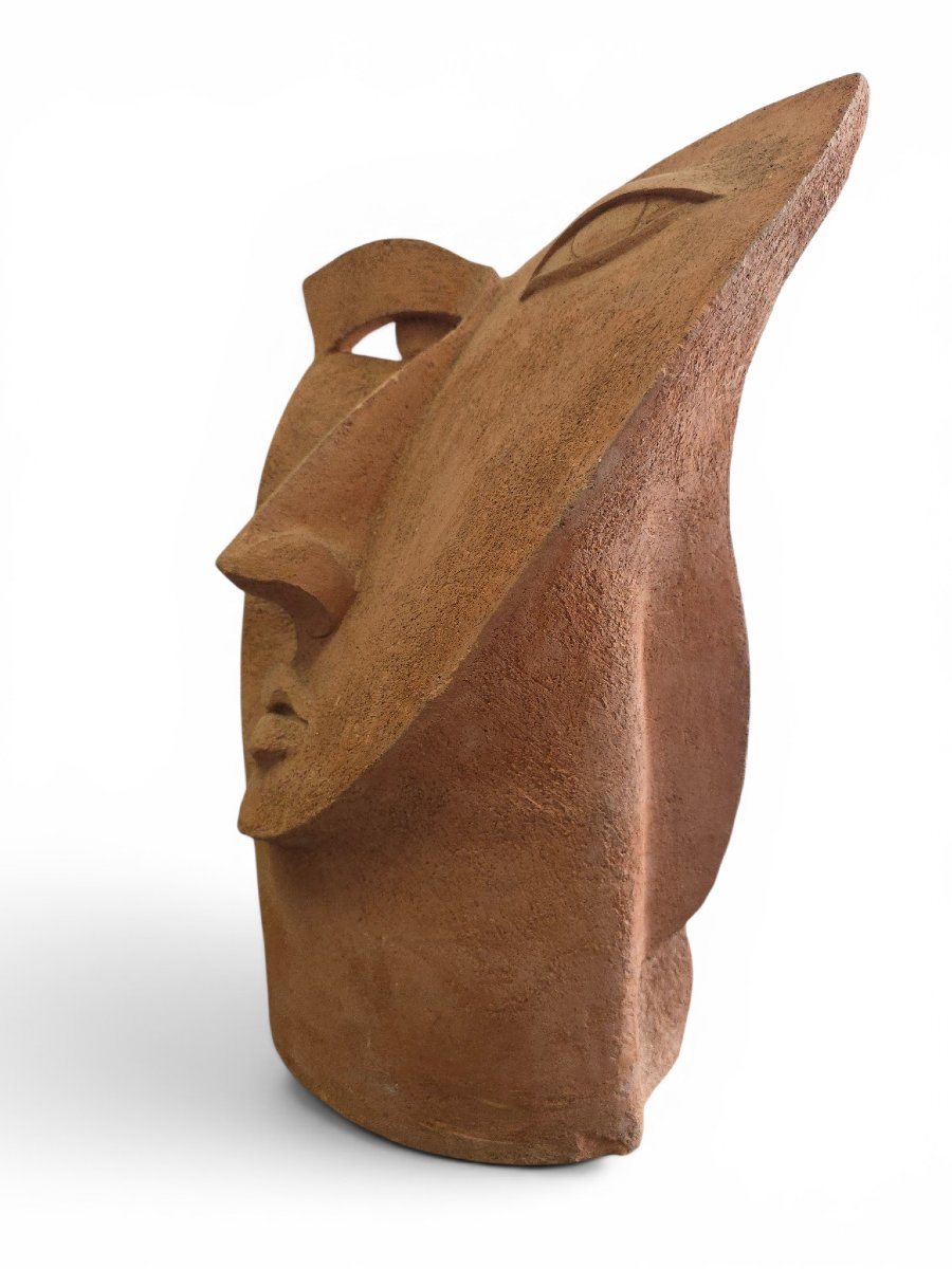 Sculpture de tête cubiste unique en terre cuite, années 1970-photo-3